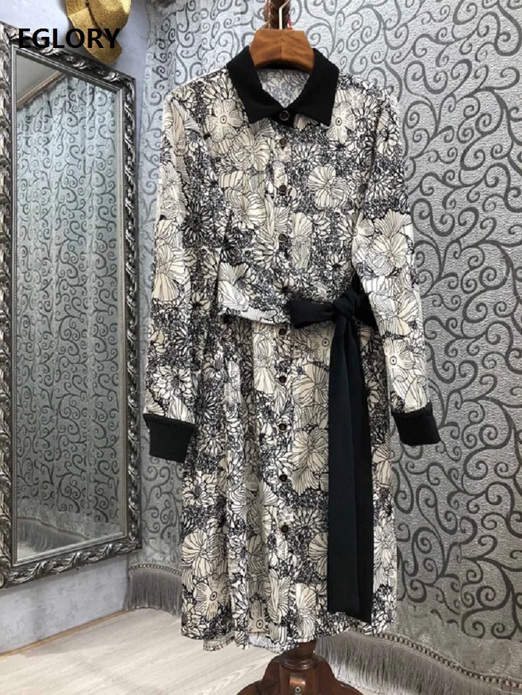 

High Quality New Long Shirt Dress 2021 Spring Summer Women Turn-down Collar Vintage Floral Print Bow Waist Long Sleeve Dress