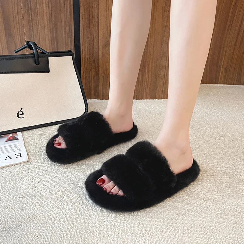

Furry Slippers Fur Slides For Women Faux Fur Sliders Indoor Shoes Woman Strap Shoes Female Casual Home Flat Winter Footwear