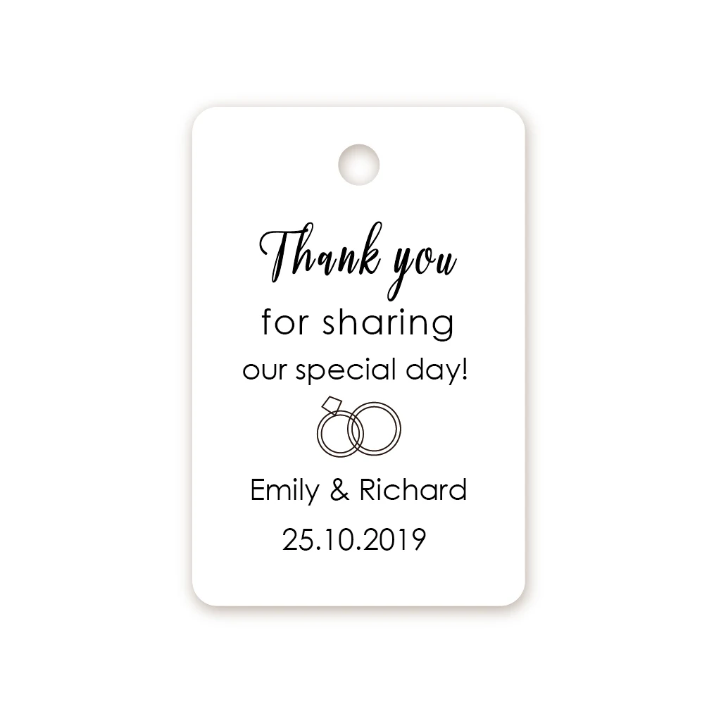 

DouxArt 100 Double Rings Tags Personalised Wedding Favour Tags 'Thank you for sharing our special day' Candy Bag Labels