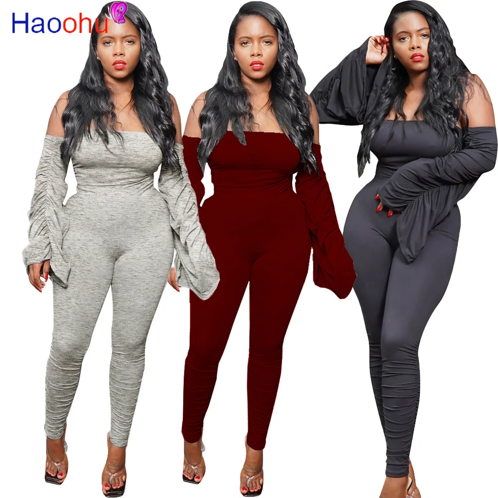 

HAOOHU Autumn Off Sholder Stacked Jumpsuit Women Long Flare Sleeve Ruched Streetwear Bodycon One Piece Overalls Outfits