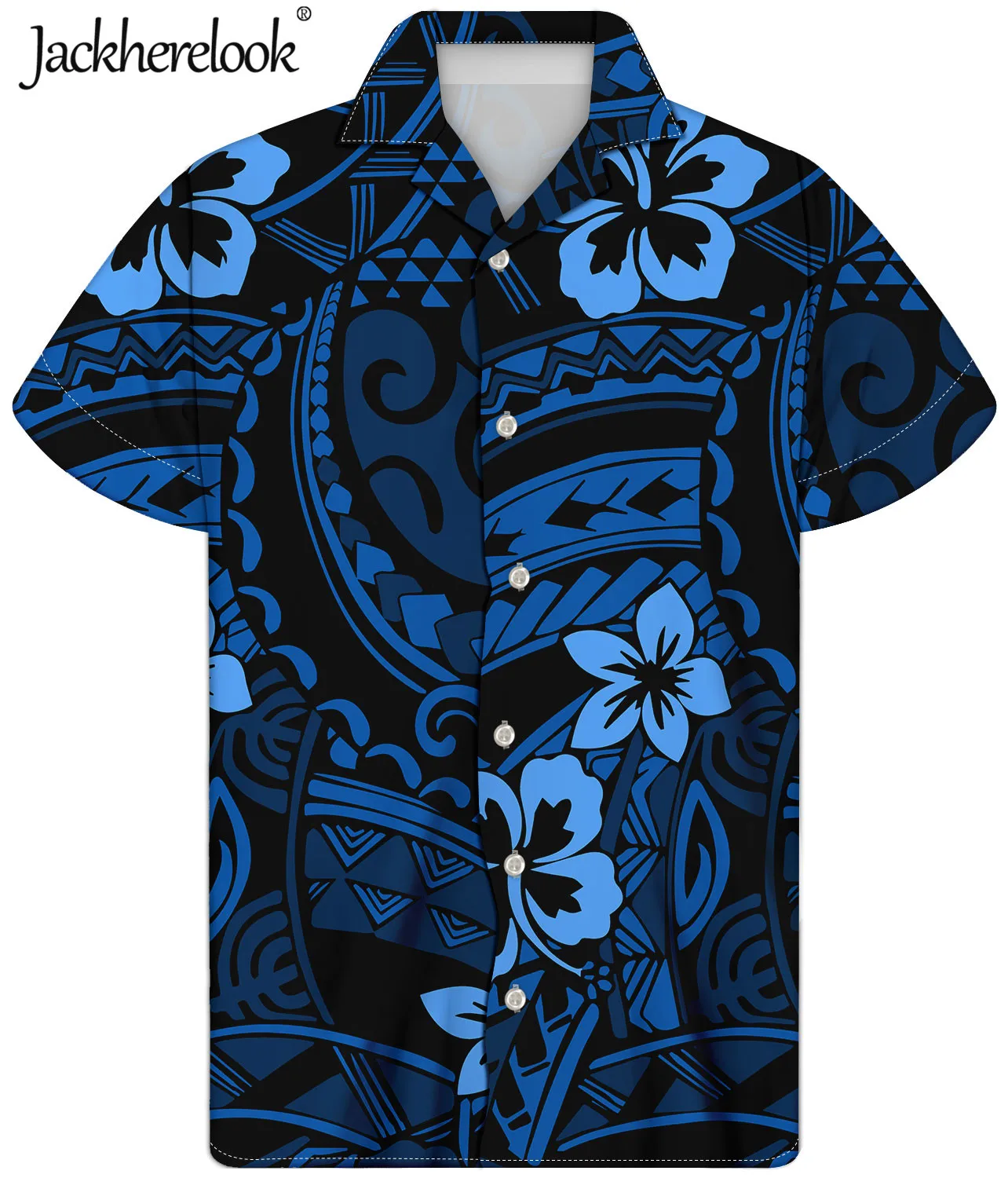 

Jackherelook Summer Hawaiian Shirts for Mens Blue Polynesian Tribal Hibiscus Plumeria Print Casual Button Down Top Male Shirt