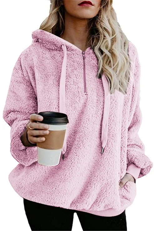 

2021 Winter Long Sleeve Zipper Hooded Solid Color Women's Sweatshirt Fleece Jacket
