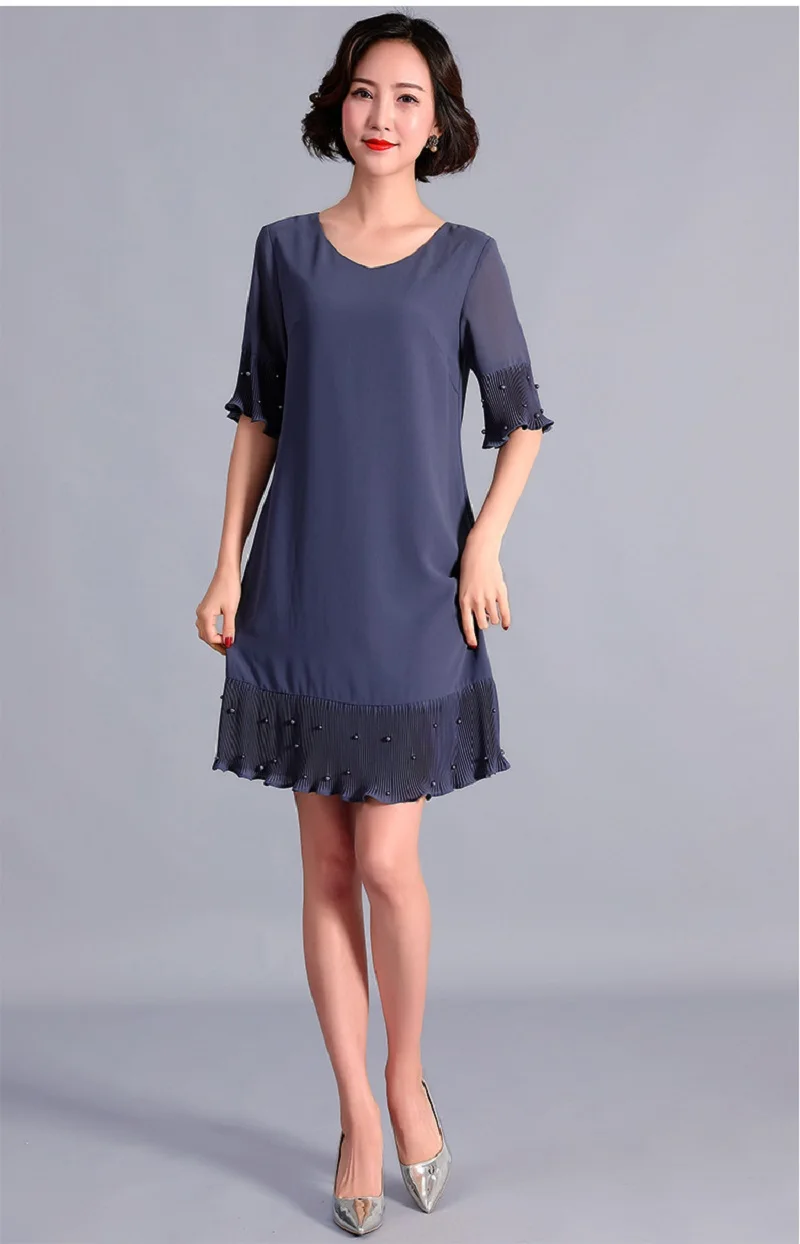 

V neck summer beaded chiffon dress ruffled hem elegant A-line dress short sleeve loose ladies midi dress plus size tunic vestido
