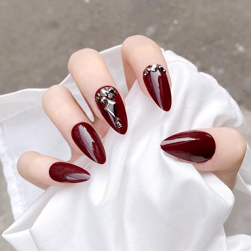 

Fake Nails Long Pointed Cherries Diamond Wear Nail Stickers Finished Nails 24 With Glue CIN6 899