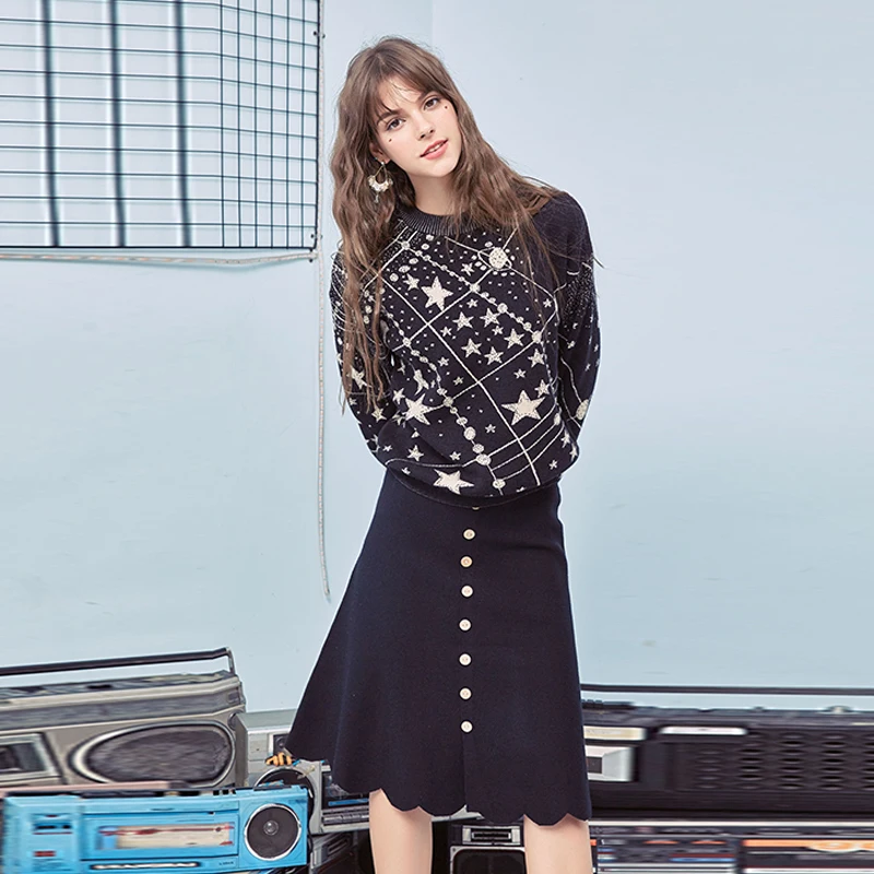 Retro Galaxy Star Pattern Sweater Women Vintage Long Sleeve Jumpers 2021 Autumn Winter Ladies Jacquard Sweaters Pullovers C-285 | Женская