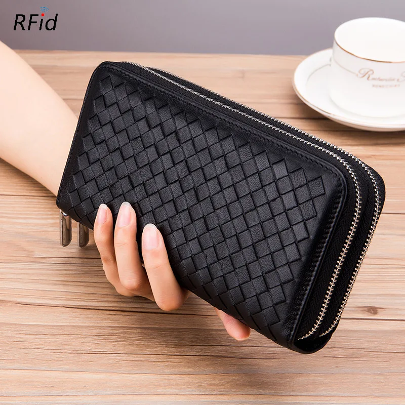 

Anti-theft brush large capacity long men's wallet rfid multi-card sheepskin double zipper braided multi-functional woma handbag