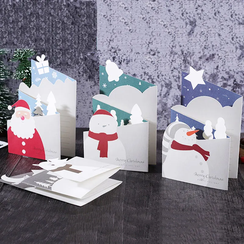 12 Pcs Christmas Cards Fresh Simple Greeting With Envelope Blessing Card Tri-Folding 3d Post Invitation New Year | Дом и сад