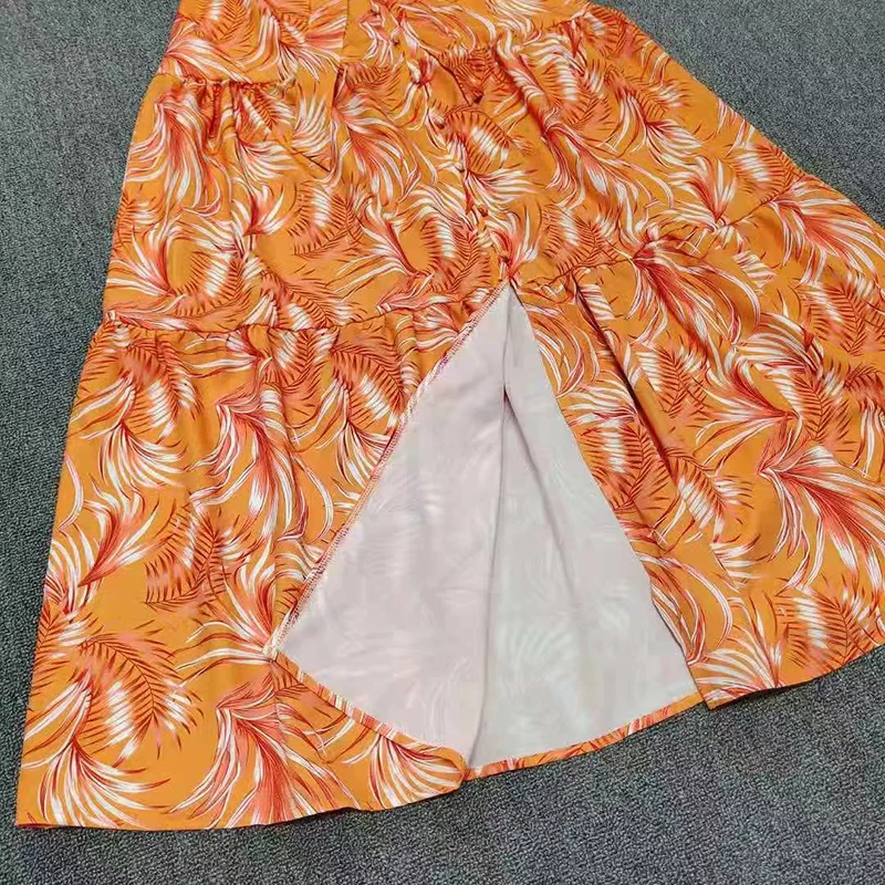 

VGH Print Two Piece Set For Women Square Collar Puff Half Sleeve Short Tops High Waist Midi Skirts Bohemian Sets Female 2021 New