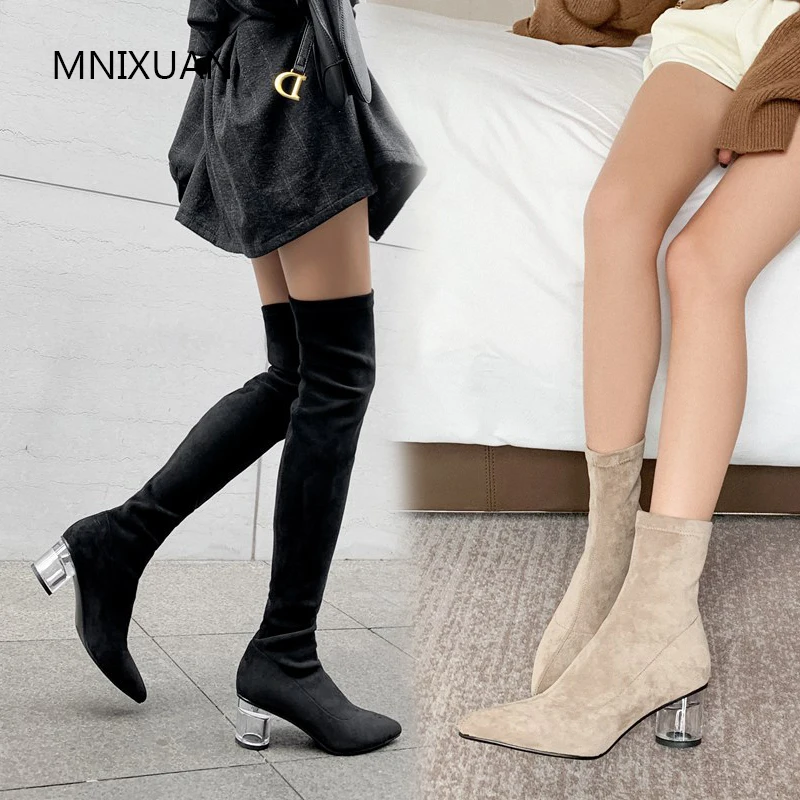 Модные женские сапоги MNIXUAN выше колена новинка 2019 с острым носком замшевые