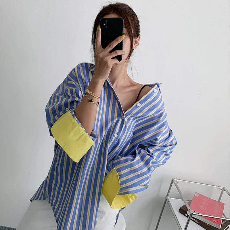 

SuperAen Spring and Summer New Color Contrast Striped Shirt Women's Korean Loose Long Shirt Fashion Tops