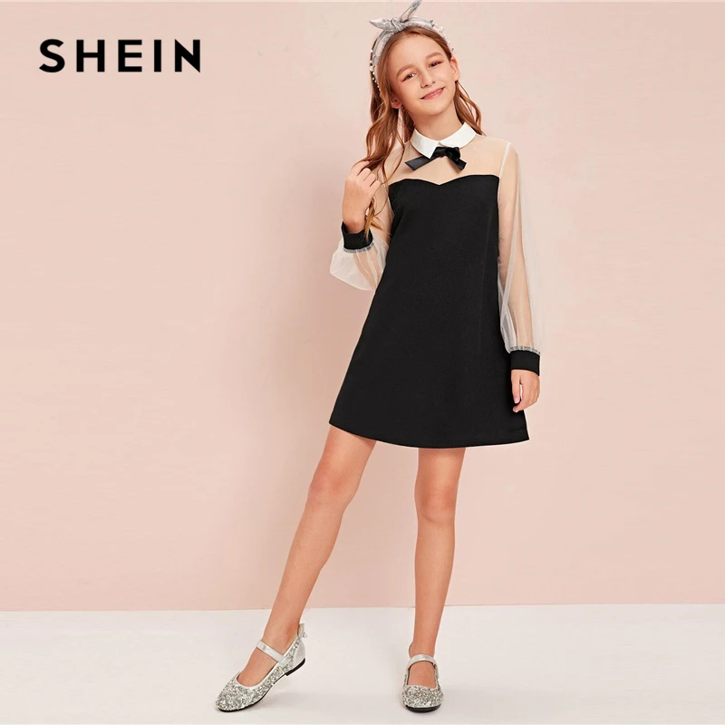 SHEIN Kiddie черный воротник бант спереди обувь для девочек консервативный дизайн платье осень контрастный сетчатый рукав пуговицы сзади линии Короткие милые платья