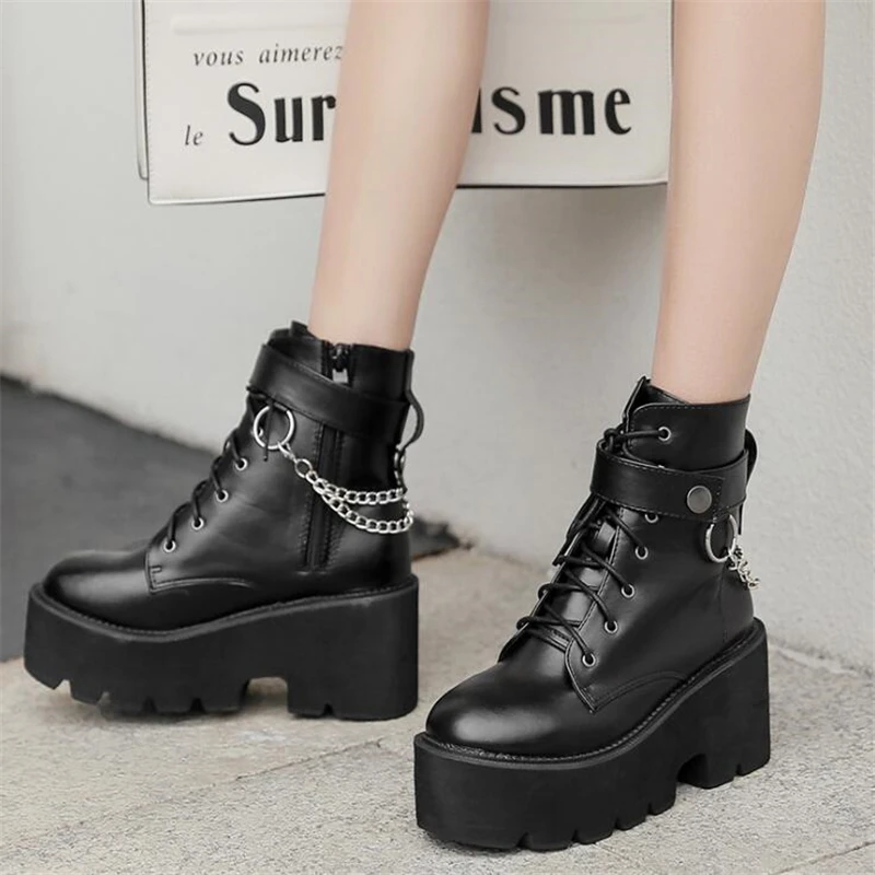 

Женские ботильоны с металлической цепочкой, ботинки на платформе в готическом стиле, обувь на высоком каблуке и танкетке, женские мотоциклетные ботинки, женская обувь