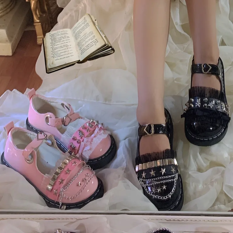 В стиле лолита с круглым носком Симпатичные заклепками на цепочке домашние