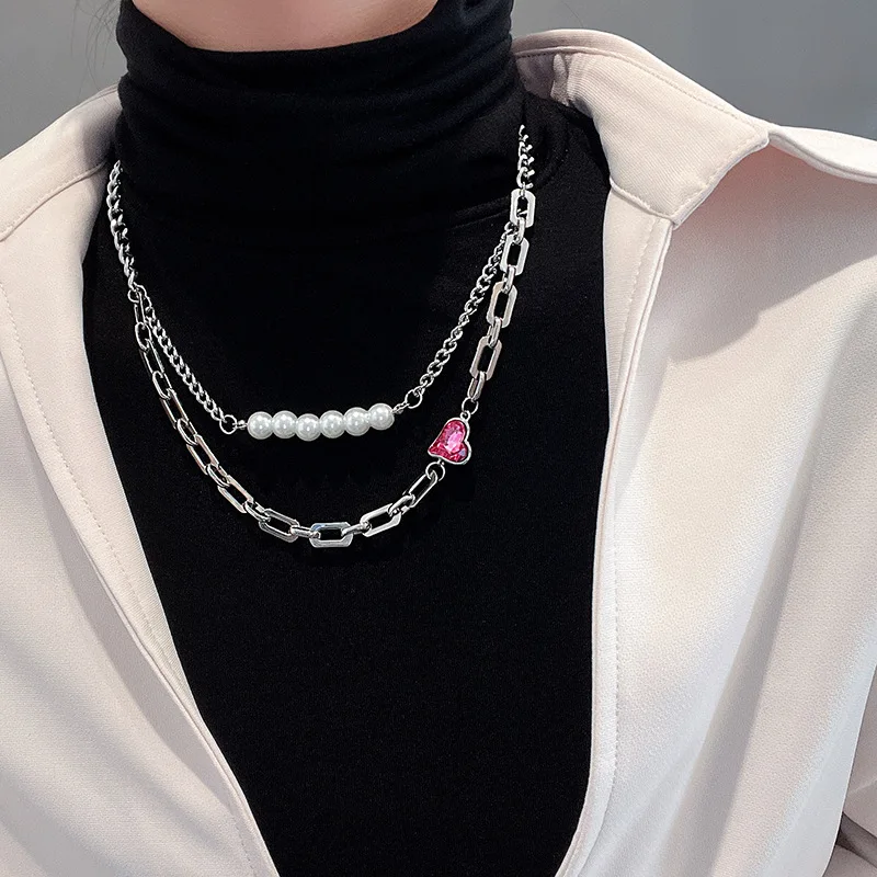 

Double Layer Pearl Pink Heart Necklace For Women Stainless Steel Silver Color Pendant Choker Sweater Chain Girls Jewelry Gifts