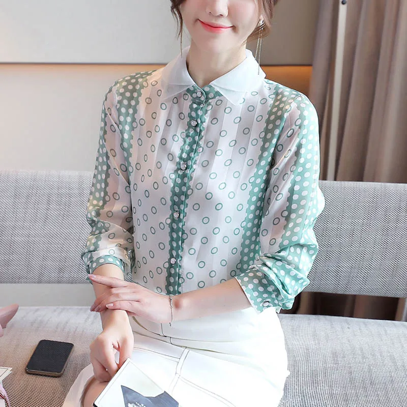 

Korean Chiffon Women Shirts Office Lady Satin Polka Dot Shirt Woman Print Blouses Tops Plus Size Women Long Sleeve Shirts Top