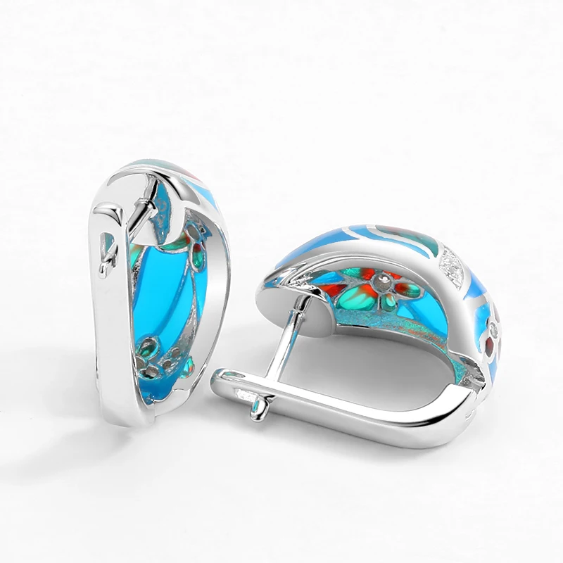 

Silver Earrings For Women 925 Sterling Silver Flowing blue flower Earrings White CZ Stones fine Jewelry Colorful Enamel Handmade