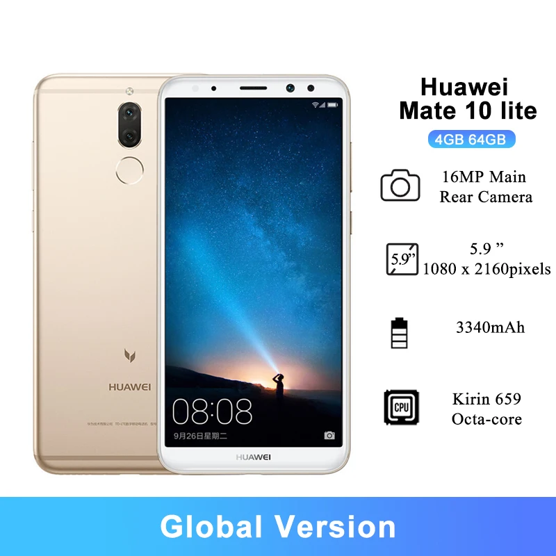 Смартфон Huawei Mate 10 Lite 5 9 дюйма 4 + 64 ГБ Kirin 659 8 ядер задняя камера 16 Мп 3340 мА ч Android 7