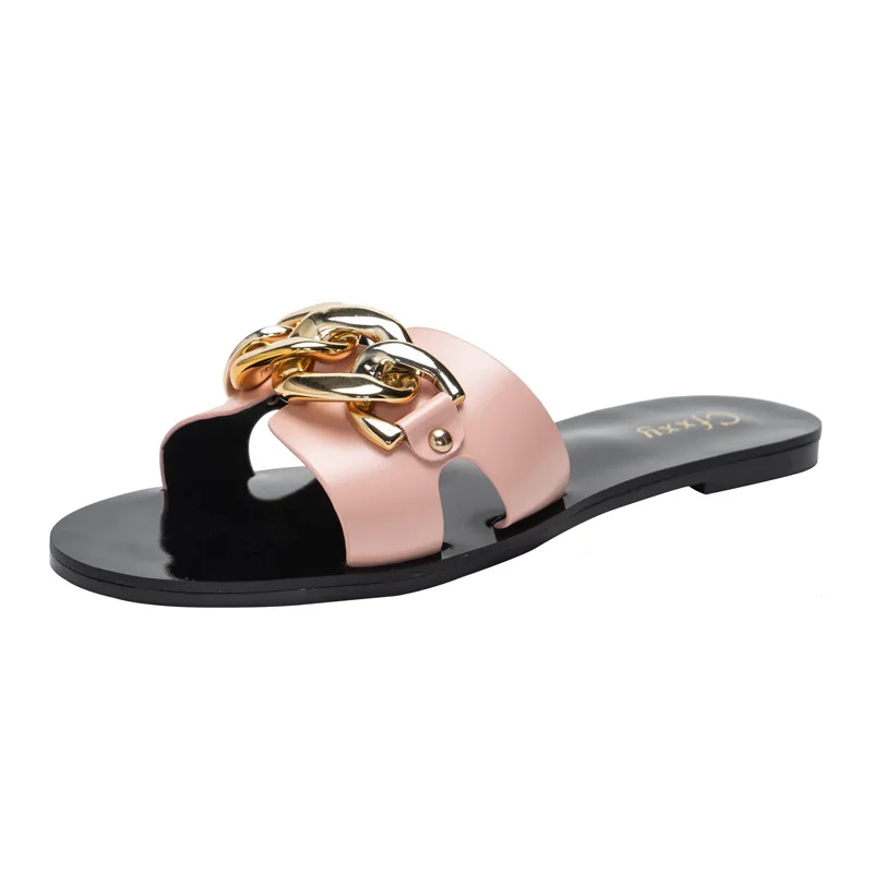 

Fashion Chain Women's Casual Beach Shoes Flat Solid Color Women's Slippers Outdoor Holiday Women's Sandals Zapatillas Mujer