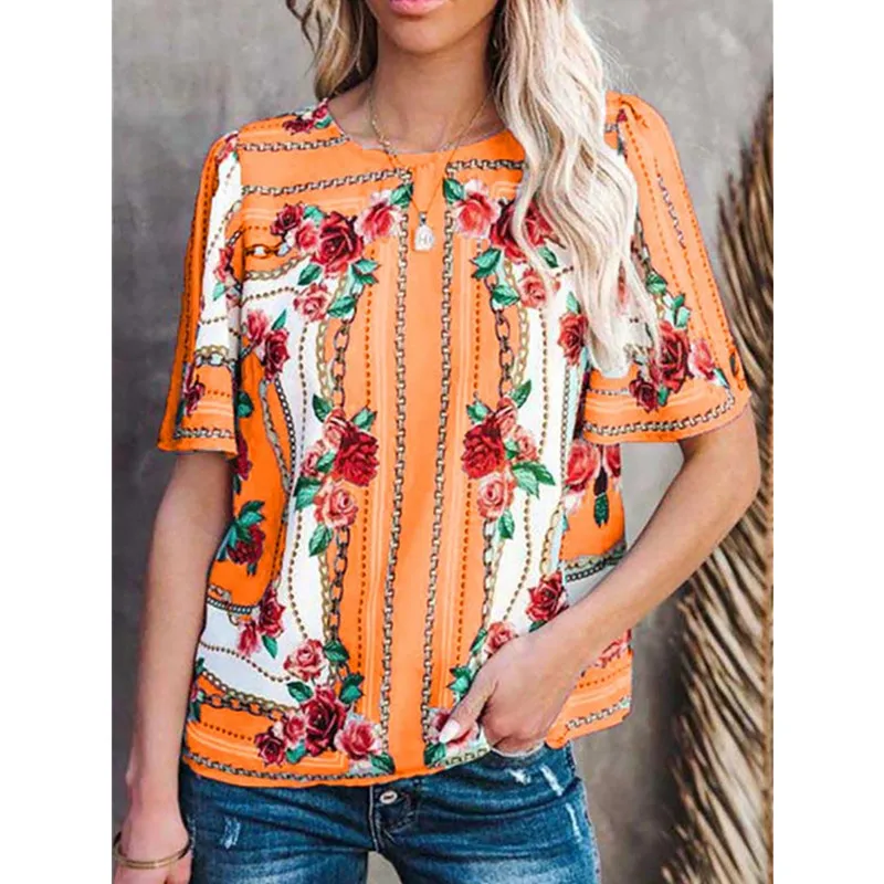 

Oversized Floral Print Loose Pullover Shirt Blouses WomenSummer New Round Neck Short-Sleeved Printed Top 2021 Femme Blusas