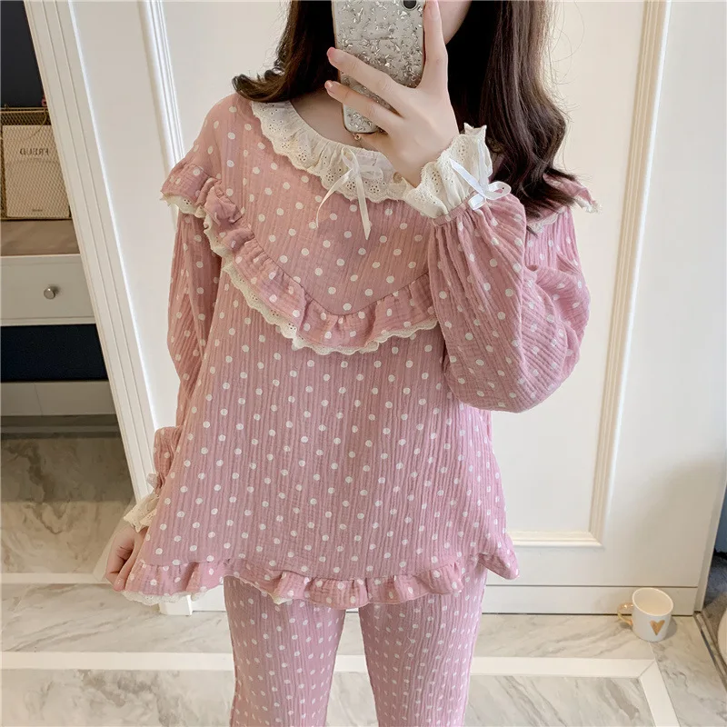 Осенний пижамный комплект из чистого хлопка с длинными рукавами кружевные милые