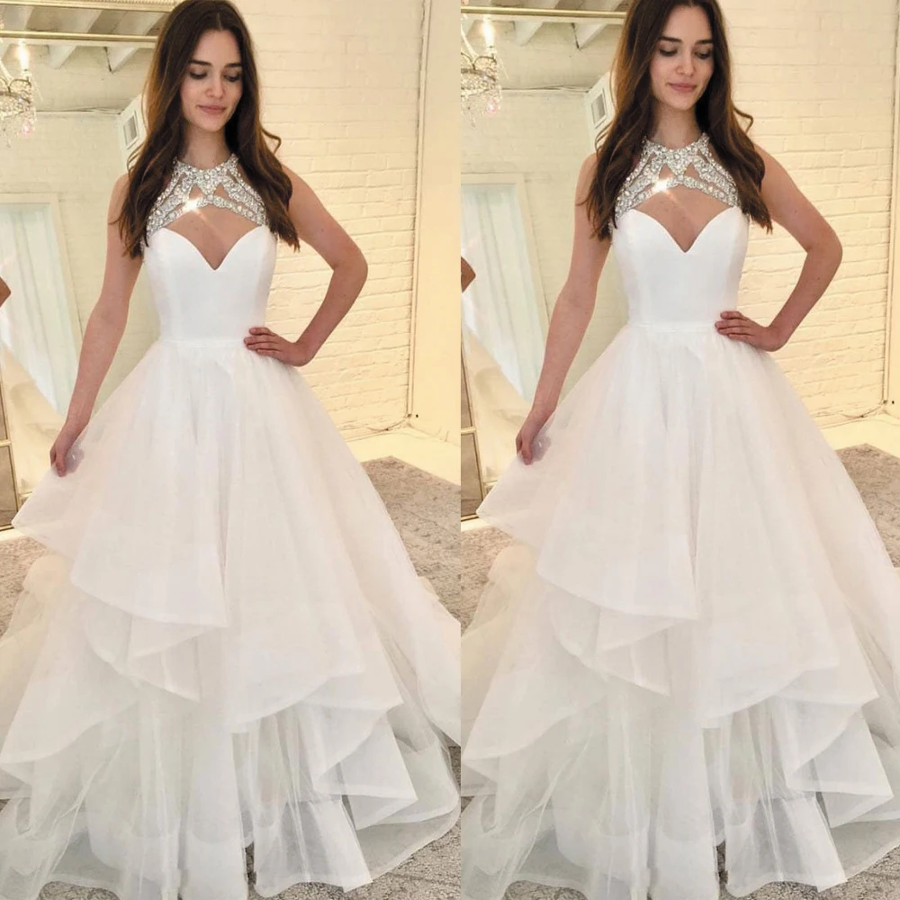 

SuperKimJo Vestidos De Novia 2020 Beaded White Wedding Dresses for Bride Tiered A Line Cheap Elegant Bridal Dresses Casamento