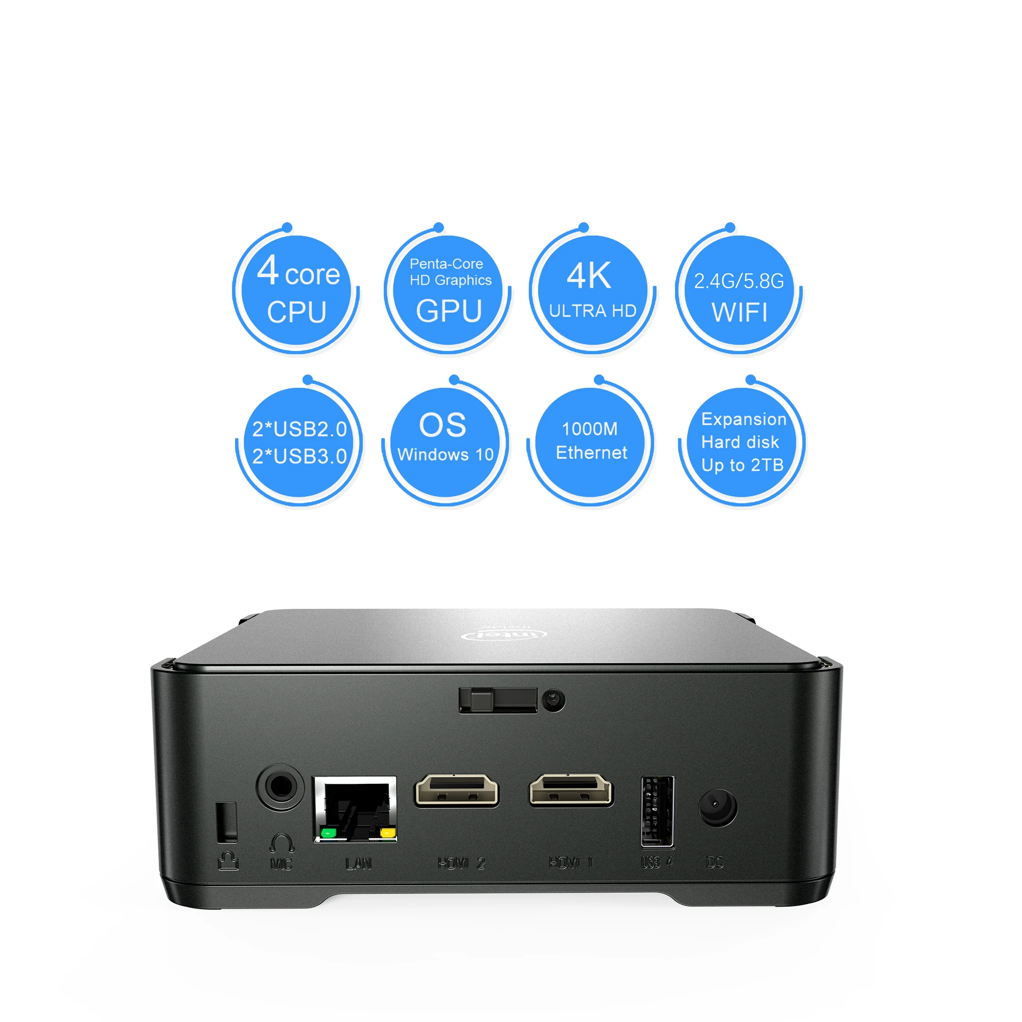 AK3V Quad Core Windows 10 Mini PC Intel Celeron J3455 Apollo Lake 4GB 64GB 2.4/5G WiFi Bluetooth 4.0 2*HD-MI 1*VGA Support HDD