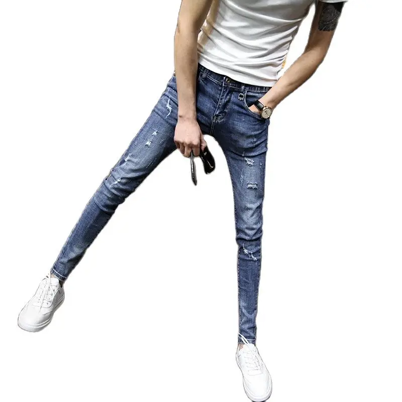 

New Spring 2021 Skinny Jeans Men Fashion Ripped Jeans Male Student Slim Cowboy School Teenagers Pencil Pants Trousers