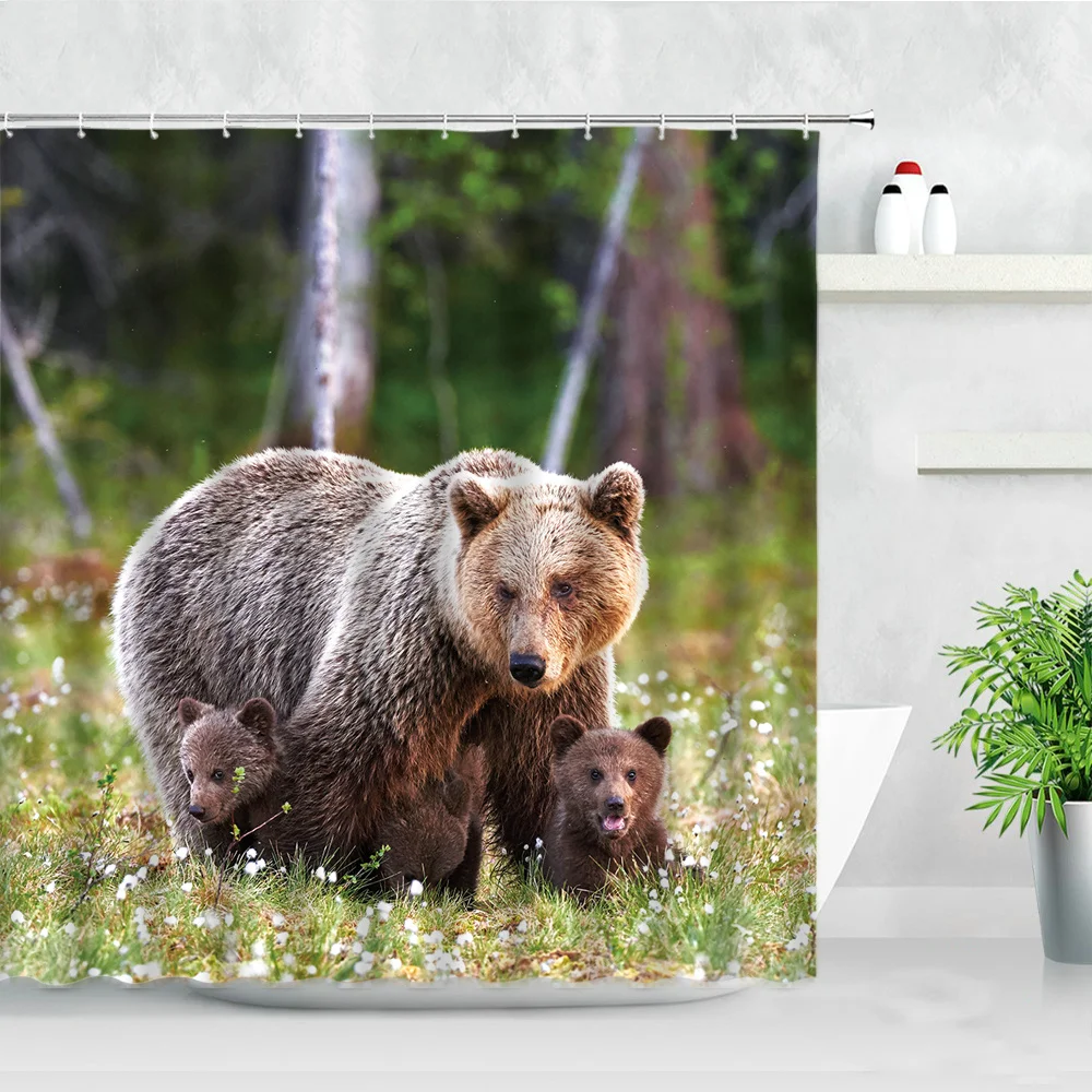 

Wild Animals Brown Bear Shower Curtains Fabric Bath Screens Forest Cute Cub Natural Scenery Bathroom Bathtub Decor Hooks Curtain