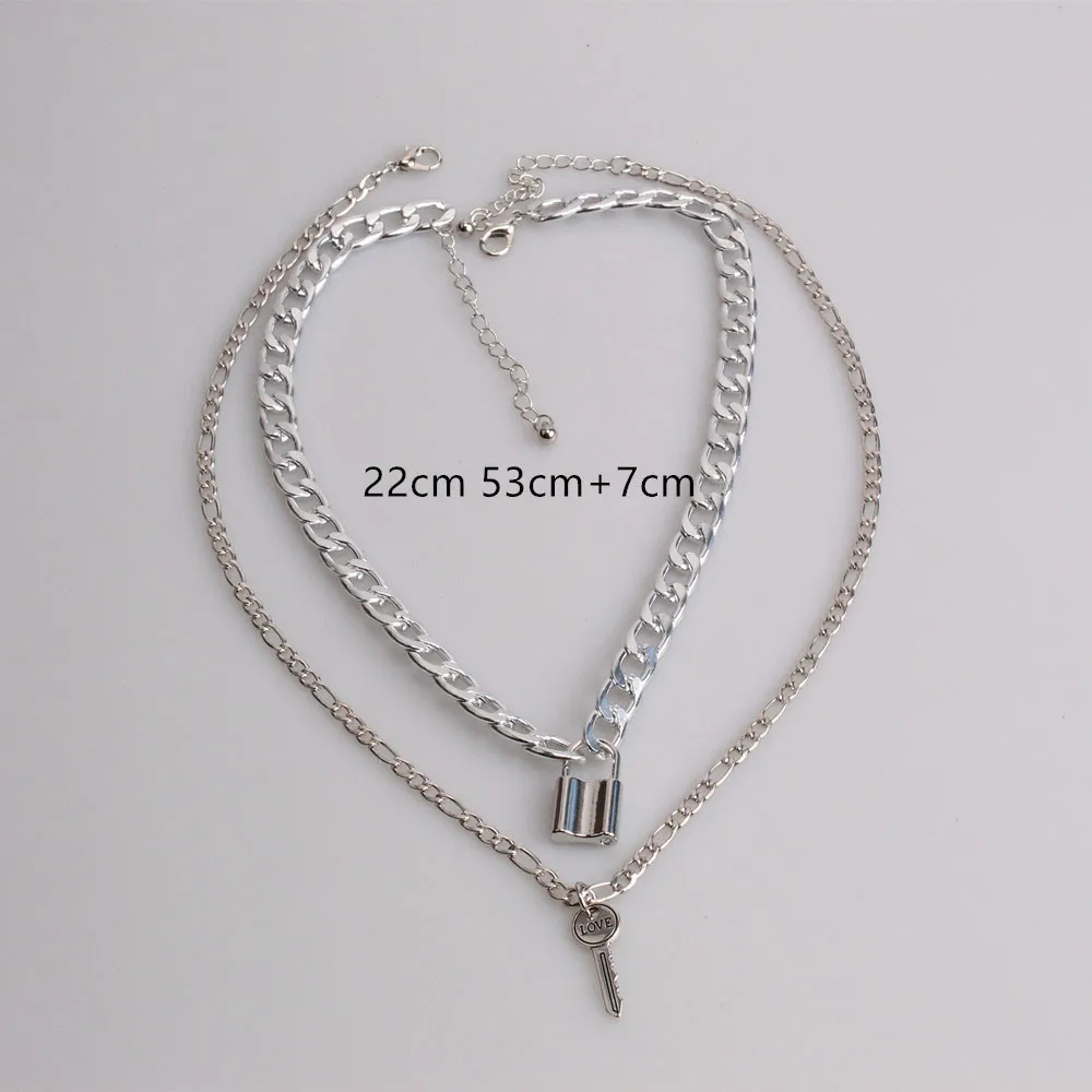 

Exaggerated Multilayer Lock Chain Necklace Punk 2020 Padlock Key Pendant Necklace Women Girl Fashion Gothic Party Jewelry