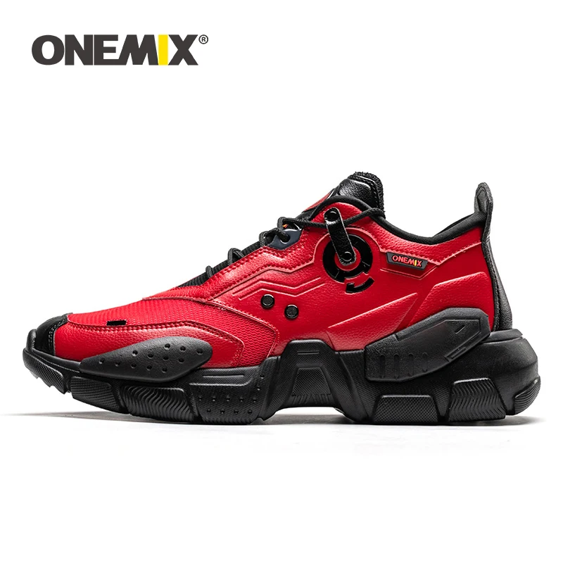 

ONEMIX Men Sneakers Technology Style Leather Damping Comfortable Man Red Sport Running Shoes for Women Platform Retro Dad Shoes