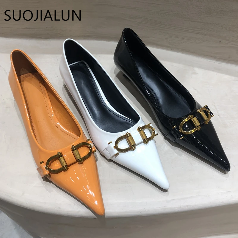 

SUOJIALUN Fashion Brand Design Metal Buckle Pumps Pointed Toe Shallow Slip On Ladies Work Shoes Thin Low Heel Spring Dress Shoe