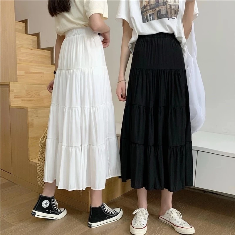 

Женская шифоновая юбка с завышенной талией, белая или черная винтажная длинная трапециевидная юбка составного кроя с эластичным поясом, ве...