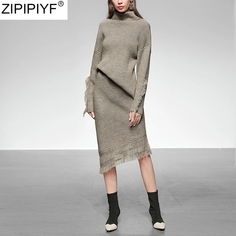 Женский трикотажный комплект из 2 предметов пуловер с высоким воротом и длинным