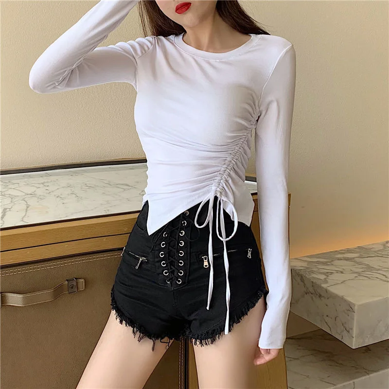 

Korean Design Sense T-shirt Hem Drawstring Irregular Split Bottoming Shirt Spring And Autumn Long Sleeve Women Clothing T-shirts