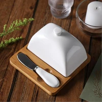 ceramic butter dish box cake bamboo wooden tray with butter knife food dish keeper cheese tray plate kitchen storage box