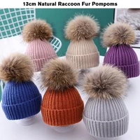 children winter knitted beanies with 13cm natural raccoon fur pompoms boy girl casual removable knitting hat skullies ski caps