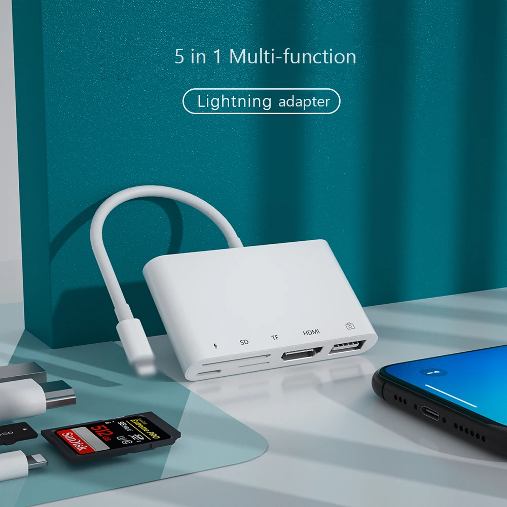 Адаптер для камеры 5 в 1 с Lightning на USB HDMI устройство чтения карт SD/TF iPhone iPad iOS14 U диска