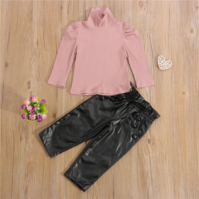 

Fashion Baby Girls Clothes Sets Fresh Girls Ribbed Long Sleeve High Collar Pullover+leather Pants with Pockets Drawstring Outfit