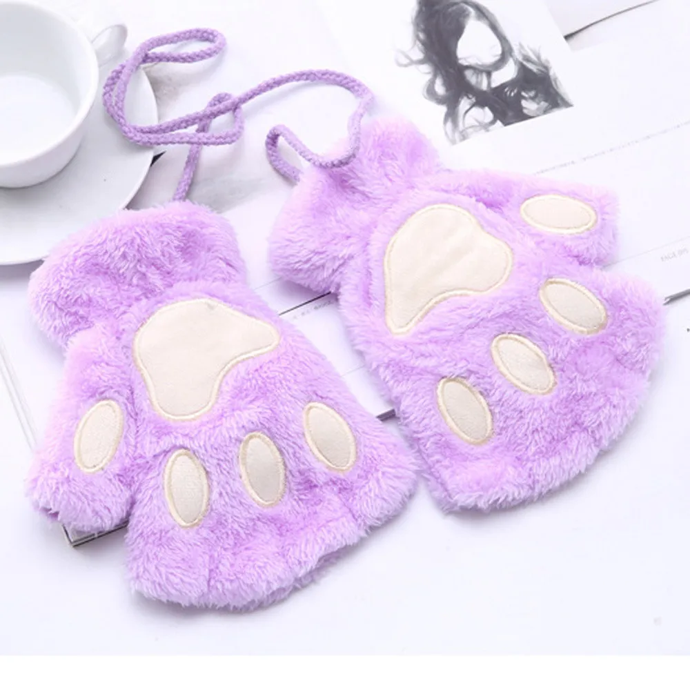 

2021 Women Cute Cat Claw Paw Plush Mittens Warm Soft Plush Short Fingerless Fluffy Bear Cat Gloves Half Finger Gift Dropshipping