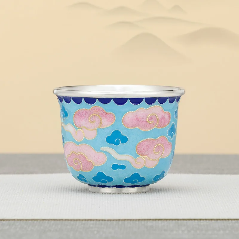 

Sterling silver S999 tea cup handmade cloisonne color auspicious clouds old-fashioned household tea set silver tea cup
