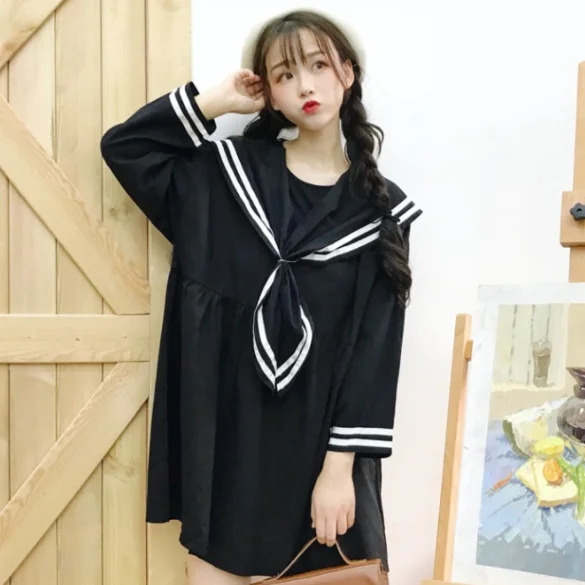 Японское женское милое мини платье Mori Girl матросский воротник черный синий