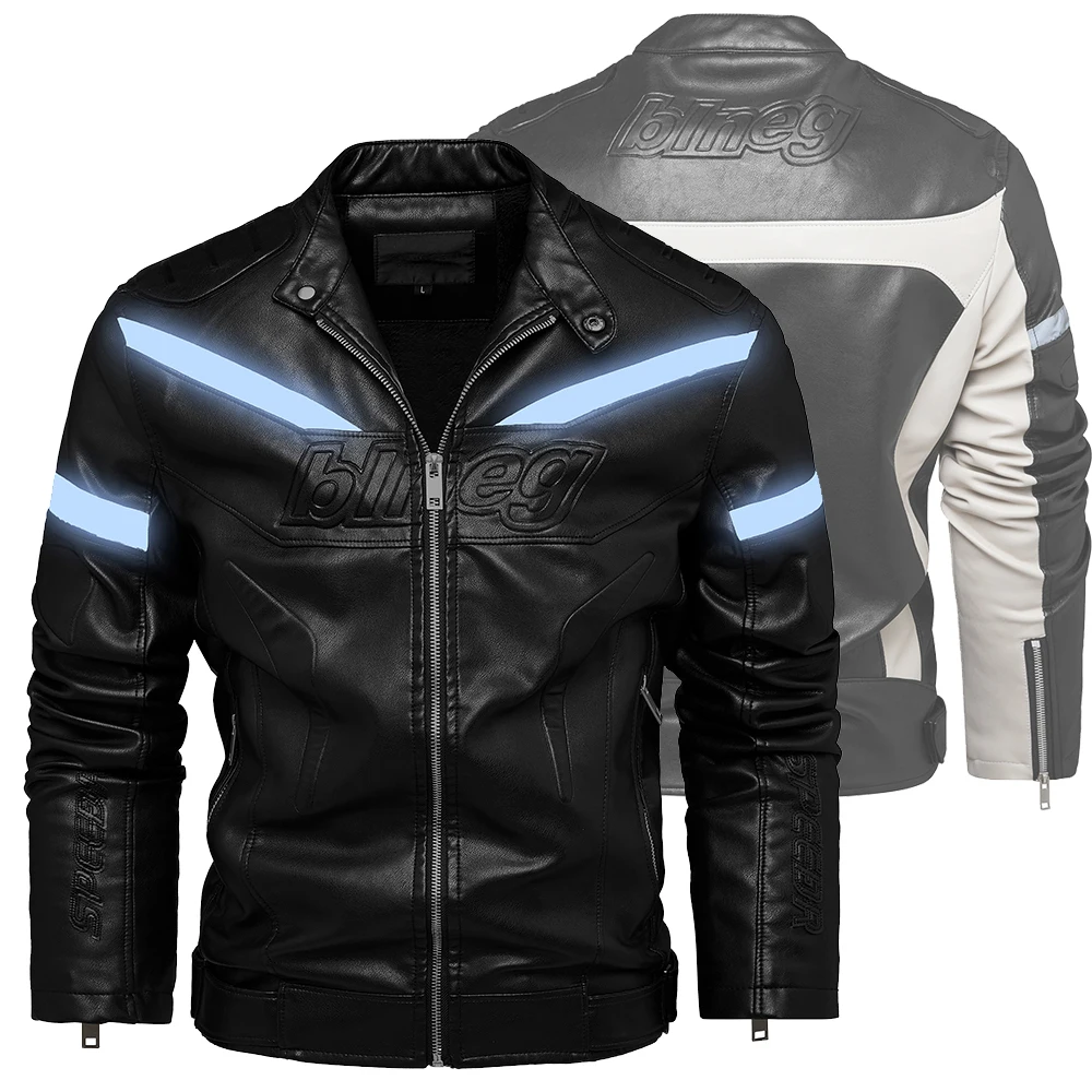 

Winter Mens Leather Motorcycle Jacket New Fashion Patchwork Reflective Strip Men Zipper PU Jackets Outwear Overcoat Windbreaker
