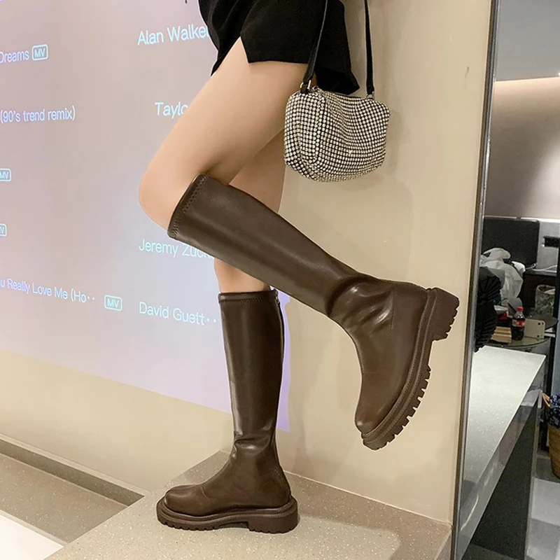 Women's Warm Plush High Boots, Women's Leather Snow Boots, Round-Toe Flat-Bottomed Casual Warm Boots, Autumn and Winter 3cm