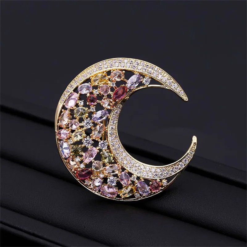 

Elegant Statement Moon Brooch For Women Brand Design Fashion Zirconia Brooches Pins Suit Bouttoniere Accessories