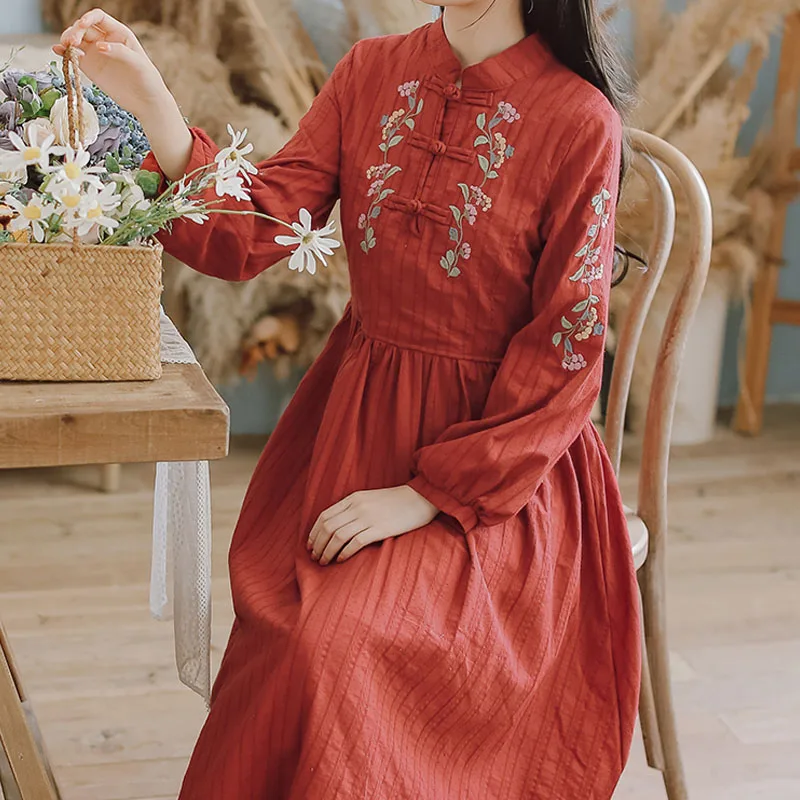 

One-Piece 2020 Mori Girl Autumn Spring Women Midi Dress Long Sleeve Elegant Dress Stand Collar Floral Embroidery Vintage Dresses