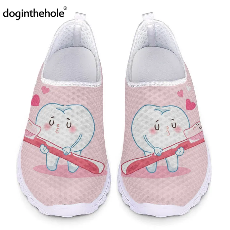 

Doginthehole Funny Cartoon Teeth Women Shoes 2021 New Dental Breathable Mesh Flat Shoe Pink Toothbrush Dentist Light Loafers