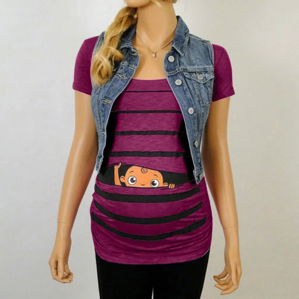 Милая забавная полосатая футболка с принтом для беременных коротким рукавом