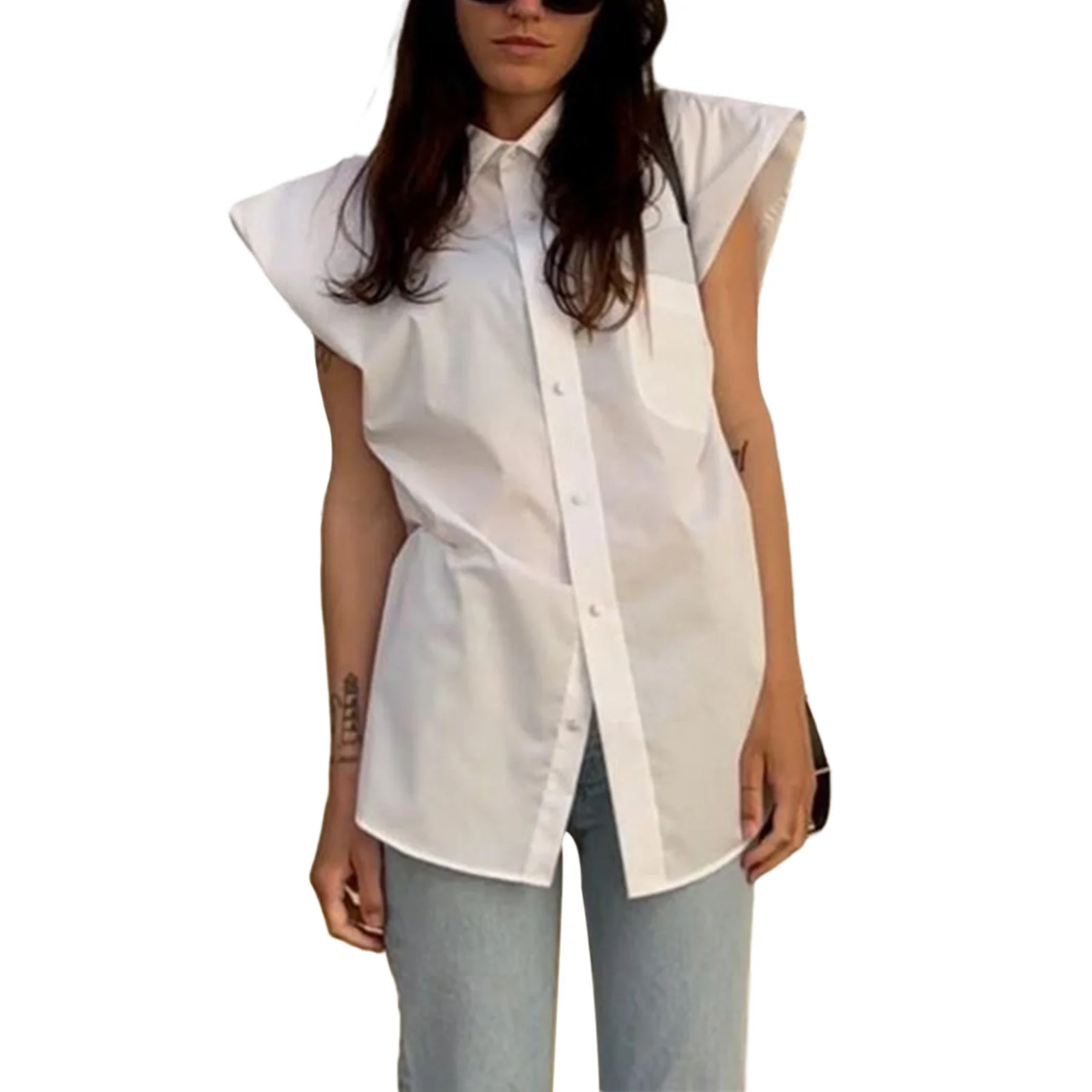 

Женская Однотонная рубашка с отложным воротником, летняя однобортная блузка без рукавов с расширенными плечами для девочек, белого/черного...