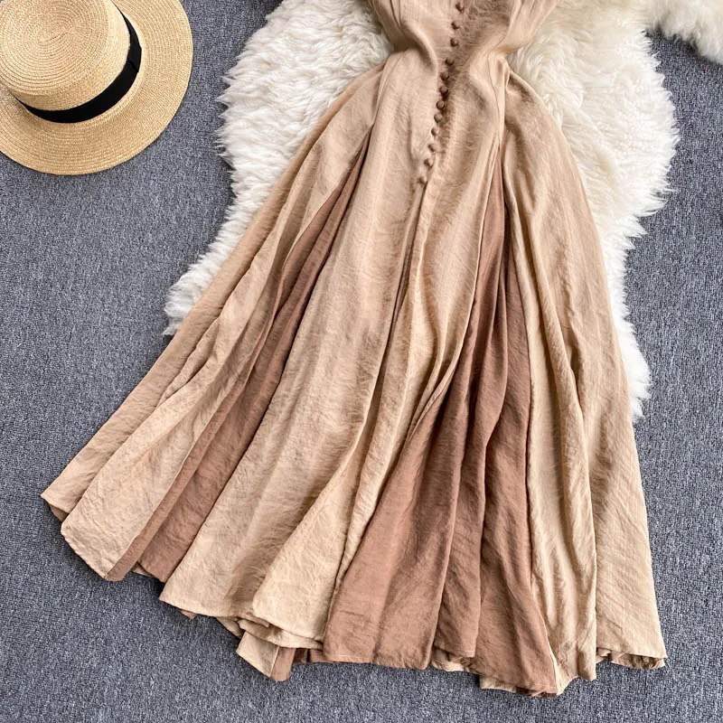

FTLZZ New Summer Vintage Female Button Patchwork Dress Beach Dress Women V-neck Spaghetti Strap Long Dress