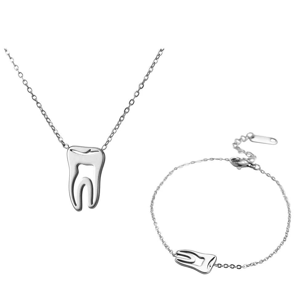 Necklace Bracelet Skyrim модная Стоматологическая подвеска с дизайном «зуб» ожерелье комплекты ювелирных браслетов из нержавеющей стали набор для женщин цепочка ожерелье s подарок на день рождения - Окраска металла: Necklace Bracelet